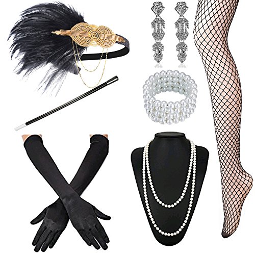 1920s Accessories Set Flapper Headband,Earrings,Pearl Necklace,Gloves,Net Tights,Pearl Bracelet (Set-6)