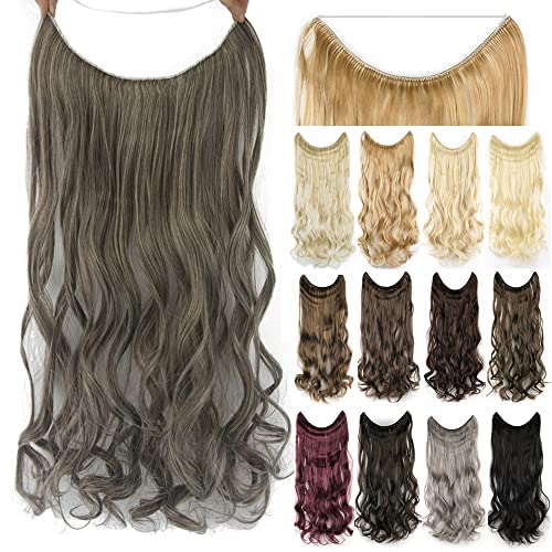 IMISSU 22'' 26'' Long Body Wavy Hair Extensions Fish Line Hairpiece Synthetic Invisible Secret Wire Headwear Flip Curly Hair Extension Pieces (26 Inch,Mixed Ash Grey)