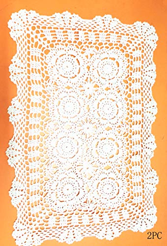 Damanni 2PC Rectangular Cotton Handmade Crochet Lace Table Runner Doilies Table Dresser Scarf Décor,16 Inch by 24 Inch,White