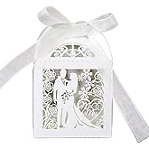 Eforcase 50PCS Laser Cut Favor Boxes, Candy Boxes with Ribbons, Hollow Out Bride and Groom Design Small Gift Boxes for Wedding Decorations
