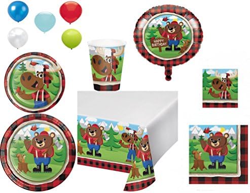 Disposable Plates, Napkins, Cups, Tablecloth, Balloons Lum-Bear-Jack Themed Party Pack for 8