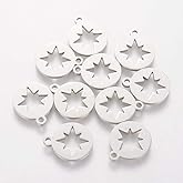 LiQunSweet 10 Pcs Flat Round with Hollow Star Charms Celestial Star Shaped Charms for Jewelry Making Accessories Crafting Bracelet Necklace Earrings