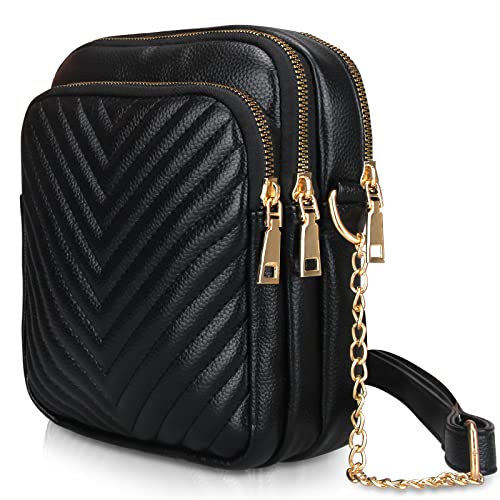 Small Multi Pocket Casual Crossbody Bag for Women Black Leather Quilted Cross Body Phone Purses Ladies Designer Handbag
