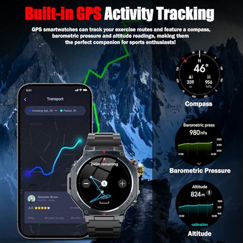 Smart Watch for Men Answer/Make Calls, 1.43" AMOLED Military Smart Watch with GPS/Torch/Compass/Altitude/Heart Rate/Health Monitor/Blood Oxygen, 5ATM Waterproof, 160+ Sports Smartwatch for iOS Android