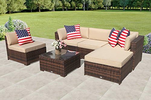 6 Piece Outdoor Patio Furniture Set, All Weather PE Brown Wicker Sectional Set Sofas with Glass Coffee Table and Ottoman, Steel Frame, Beige Cushions