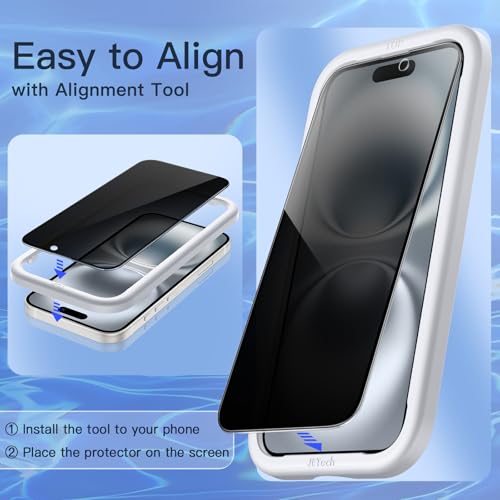 JETech Full Screen Privacy Screen for iPhone 16 6.1 Inch, Black Edge Anti-Spy Tempered Glass Screen Protector with Easy Installation Tool, Does Not Influence the Case, Pack of 2