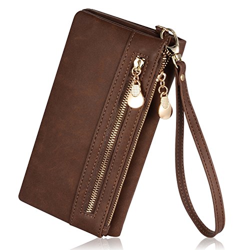 Augur Women's Matte Leather Wristlet Clutch Wallet with Wrist Strap Card Holder (brown)