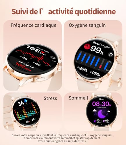 HIRREO Montre Connectée Femme Ronde, Smartwatch Femme Ultrafin 7,99 mm 1,32" Écran Clair Appel Bluetooth, Montre Intelligente Santé Féminine Fréquence Cardiaque SpO2 Fitness Podomètre, Or Rose