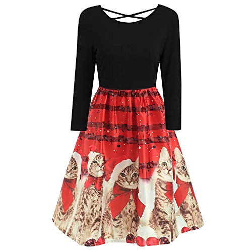 Oliviavan Women Vintage Long Sleeve Dresses,Ladies Christmas Cats Musical Notes Print Flower Party Dress