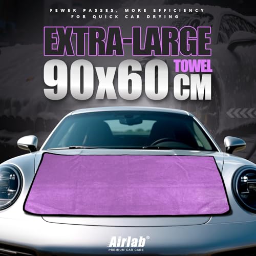 Airlab XXL Trockentuch Auto Mikrofasertücher 90X60 cm, Poliertücher Auto Tuch Zum Trocknen, Großes Microfasertuch für Autopflege, Saugstark & Lackschonend, Lila & Grau, 500 GSM thumbnail 2