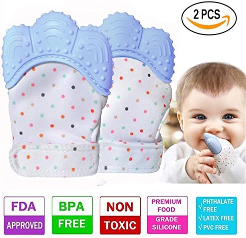 Teething Mitten, SZHSR Baby Self Soothing Teether Mitten BPA Free Teething Pain Relief Toy Wearable for Left &amp; Right Hand for Unisex 2 - 8 Months Babies. (Blue, 2PSC)