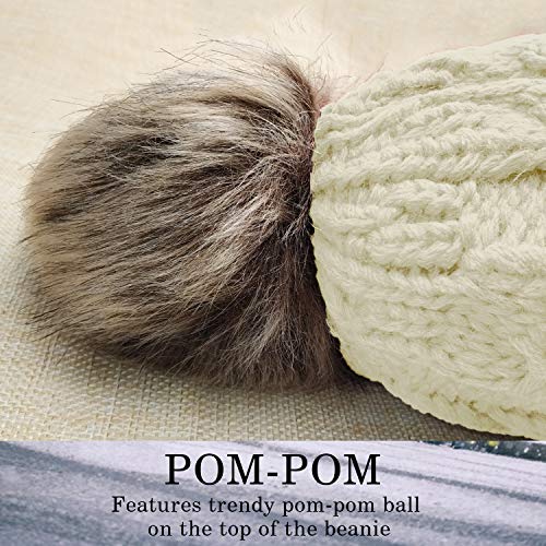 Whiteleopard Kid Beanie Hats Lining Pom Pom for Children -Slouchy Cable Knit Toddler Skull Hat Baby Ski Cap for Girls Boys (White) - Thumbnail 3