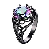 JunXin Round Cut Black Gold Mystic Big Rainbow Topaz Solitaire Ring Engagement Wedding Size5/6/7/8/9/10/11