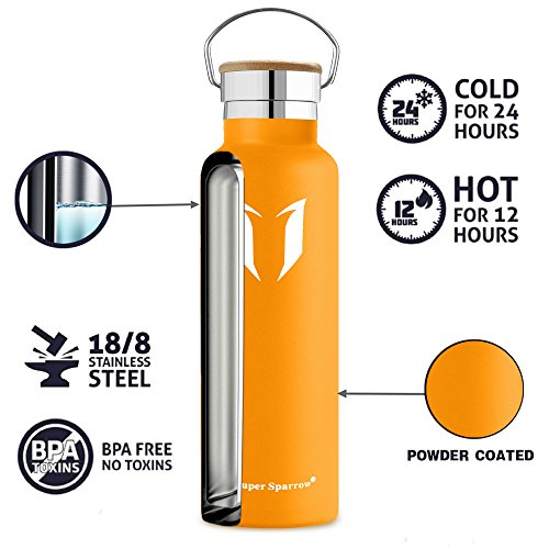Super Sparrow Stainless Steel Vacuum Insulated Water Bottle, Double Wall Design,Standard Mouth - 500ml & 750ml - BPA Free - with 2 Exchangeable Caps + Bottle Pouch (Mango, 750ml-25oz)