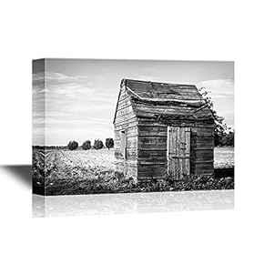 Canvas Wall Art - Wood Hut in The Field in Black and White - Gallery Wrap Modern Home Art | Ready to Hang - 12x18 inches
