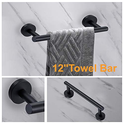 Nolimas 4-Pieces Set Matte Black Bathroom Hardware Set SUS304 Stainless Steel Round Wall Mounted - Includes 18"&12" Hand Towel Bar,Toilet Paper Holder, Robe Towel Hooks,Bathroom Accessories Kit