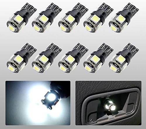 194 LED Light bulb Interior Lights for W5W 194 168 2825 T10 Wedge 5-smd 5050, Replacement and Reverse T10 White Bulbs (Pack of 10)- White