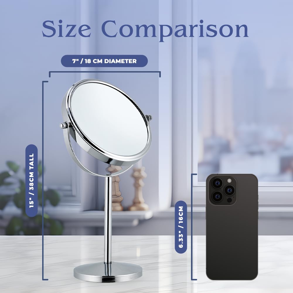10X Magnifying Makeup Mirror on Round Stand for Tabletop, Bedroom Vanity Desk and Bathroom Counter - Free Standing Double Sided 10X/1X Magnification Mirror - 7