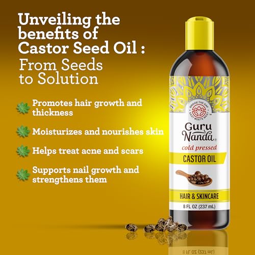 GURUNANDA CASTOR OIL (8 FL OZ), 100% PURE, COLD PRESSED & HEXANE-FREE, HYDRATING CARRIER OIL, NATURAL CASTOR OIL FOR HAIR, EYEBROWS & EYELASHES GROWTH