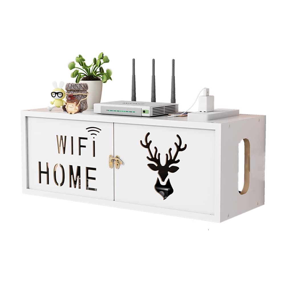 NUODWELL Wall-Mounted WiFi Router Storage Box With Cabinet Door - Socket and Wire Storage Box - TV Set-Top Organizer With Decorative Panel (White)