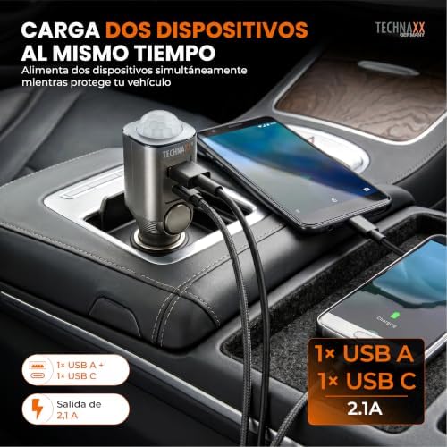Alarma de coche con sensor de movimiento PIR – Alarma plug-in 12–24V con sirena 110dB, batería de 6 días, puertos USB-A & USB-C, pantalla LED y control remoto - 2026 Update Model - TX-100