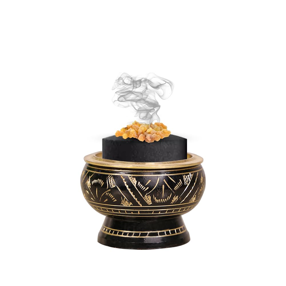 Aro Vatika Brass Burner Used for Burning Incense/Charcoal/Sambrani Dhoop/with Wooden Coaster to Hold The Burner (Black)