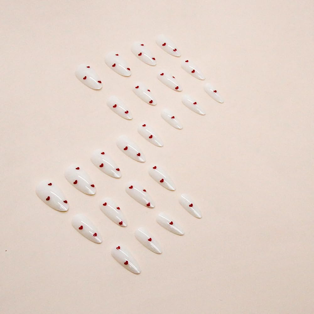 24Pcs Valentines Milky White Press on Nails Medium Almond Fake Nails with Red Heart Design False Nails Valentines Cute Acrylic Stick Glue on Nails for Women Girlfriend Gift - Image 3