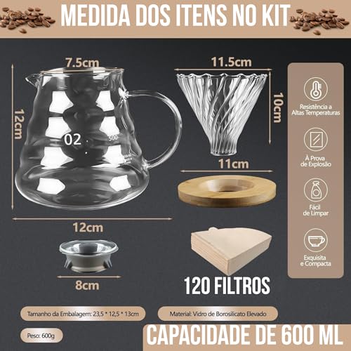Kit Cafeteira 600ml, 120 Filtros v60, Cafés Jarra Vidro Borosilicato, Coador v60, Coador de Cafe Vidro, Clever Dripper, Kit Cafeteira Filtrador V60 Coador de Café Passador de Café