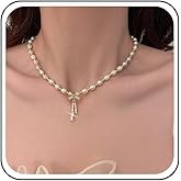 Andelaisi Boho Pearl Necklace Choker Vintage Crystal Bow Necklace Choker Gold Imitation Pearl Chain Necklace Sparkly Cz Paved Bow Necklace Jewelry for Women