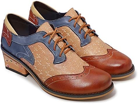 CrazycatZ Women's Leather Oxford Shoes Perforated Lace-up Wingtip Multicolor Leather Oxfords Vintage Oxford Shoes