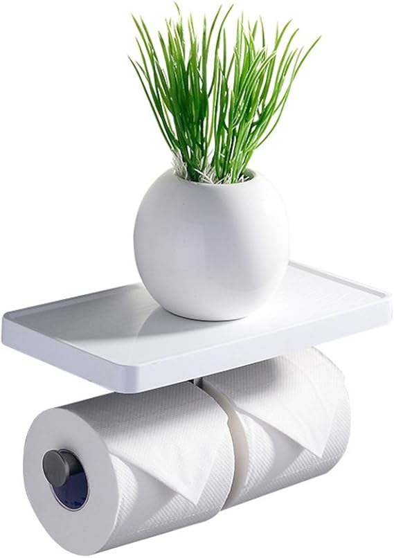 CRW Double Toilet Roll Holder with Shelf White Chrome Wall Mounted Storage Shelf for Bathroom