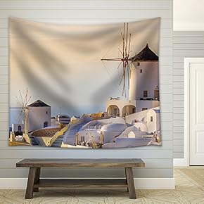 Famous View of Oia Village at The Island Santorini, Greece in Sunset Rays - Fabric Wall Tapestry Home Decor - 51x60 inches