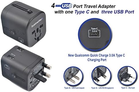 International Power Adapter (USB Type C Port &amp; 3 USB Type A Ports) - Power European Adapter Plug - For Type C Type F Type G Type A Type I For Europe UK US Japan China Australia - by SublimeWare