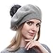 Women Wool Beret - Real Silver Fox Fur Pom Pom Beanies Winter Knit Cashmere Hats (Soft Grey)