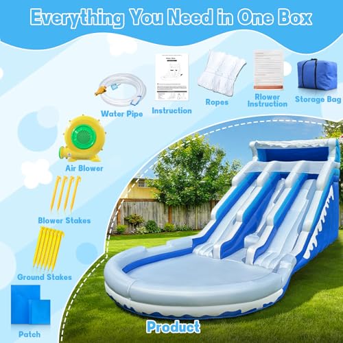 Cessbong Inflatable Water Slide for Kids and Adults with Better Drainage and Durability - Fun Outdoor Play with Easy Setup, Kids Summer Splash Fun (Dual Slide Blue Waves)