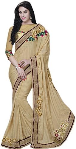 Odhni Women's Indian Bollywood Embroidered Beige Chiffon Party Wear Saree