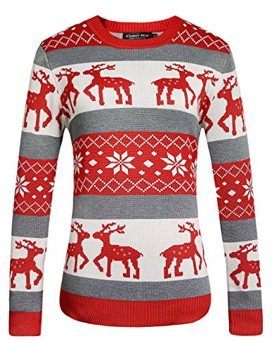 Camii Mia Women's Reindeer Pullover Crew Neck Ugly Christmas Sweater (Medium, Red Grey)