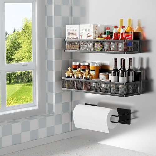 Highpro 3 Pack Magnetic Spice Rack for Refrigerator, Magnetic Refrigerator Organizer with Paper Towel Holder, Strong Magnetic Fridge Shelf for Refrigerator Microwave Oven Kitchen Organization