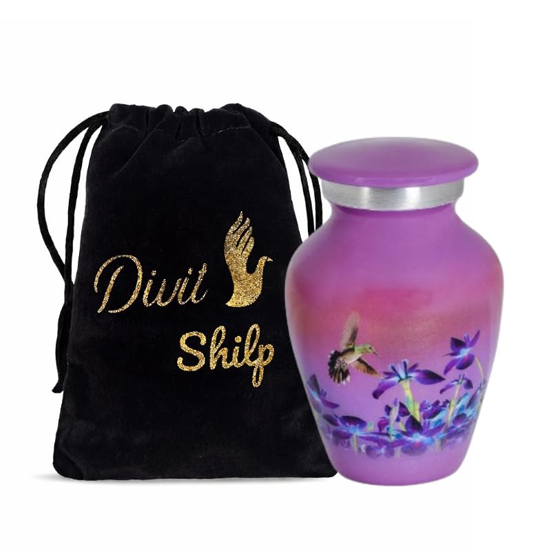 Divit Shilp Small Keepsake Cremation Urn with Velvet Case | Choose from Unique Colors | Lovely Sharing Mini Metal Token for Human Ashes or Pet. (Keepsake, Hummingbird Purple) — image 1
