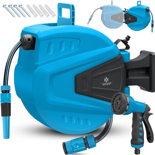 KESSER® automatische Schlauchtrommel 30 m + 2 m, Wand Schlauchbox mit Aufrollautomatik, Schlauchaufroller mit Gartenschlauch, 180° schwenkbar + Multi