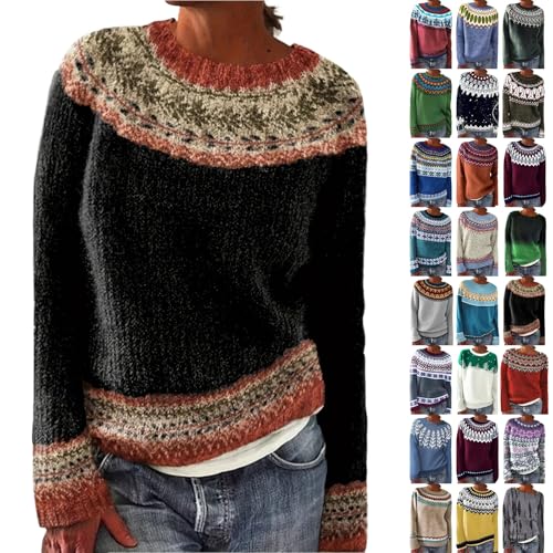 Fairisle Jumpers for Women UK Long Sleeve Icelandic Sweaters Soft Comfort Nordic Jumper Cosy Warm Fashion Crew-Neck Fall Sweaters Casual Baggy Knitted Pullover Tops Ladies Jumpers Autumn Knitwear