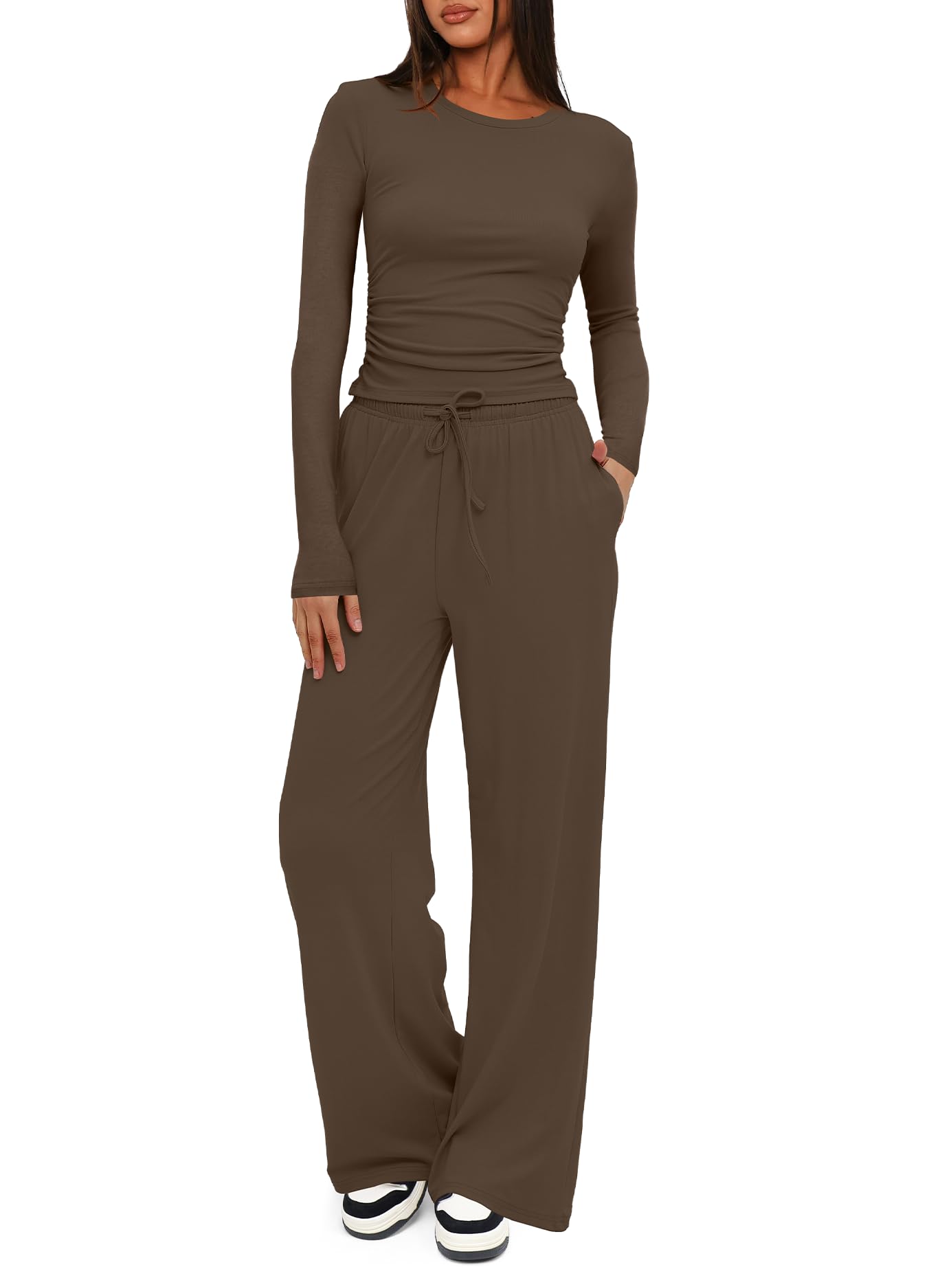 Photo 1 of **MISSING BOTTOMS***Darong Womens 2 Piece Sets Fall Outfits 2026 Fashion Two Piece Lounge Matching Set T Shirts Long Pants Tracksuit 9065B Khaki L