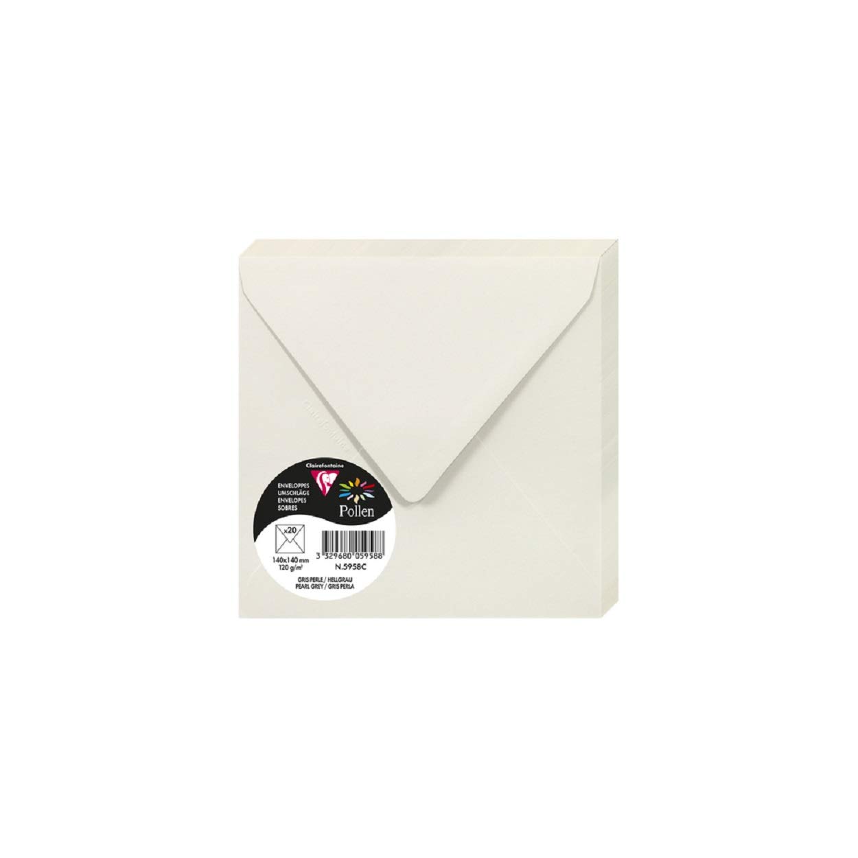 Clairefontaine 5958C Pack of 20 Gummed Envelopes Square Format 14x14cm 120g/m² Pearl Grey Invitation Event Correspondence Range Pollen - Premium Smooth Paper