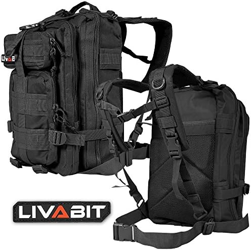 LIVABIT Tactical Emergency EDC 3 Day Earthquake Survivalist Grab and Go Bug Out Kit Bag Backpack Rucksack Molle Nylon Carrier Black