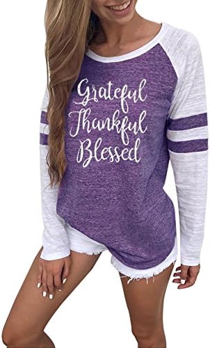 LILICAT Womens Blouse, Womens T-Shirt Ladies Long Sleeve Stitching Shirt Round NeckTops Fashion Catual Letter Printing Thankful Grateful Blessed Baseball T-Shirt Plus Size Loose (Purple, Size:S)