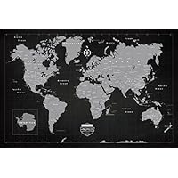 Premium World Travel Push Pin 24 x 36 Map With Pins by Emmel - Dark Slate Style and Framed - Track Your Adventures With a Premium Pinable Canvas and Cork Map    