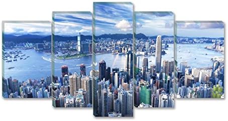 SmartWallArt - City Landscape Paintings Wall Art Decor Hong Kong in a Good Day 5 panels Picture Print on Canvas for Modern Home Decoration