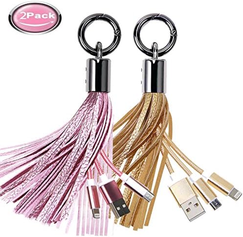 USB Charger Cable Leather Tassel Portable KeyChain Holder Short Lightning Sync Cable Fast Charging Power Line Cord for iPhone, iPad, iPod, Bag,Samsung and Other Apple Android Devices (Rose Gold +Gold)