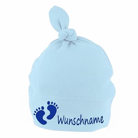 Elefantasie Baby Mütze mit Knoten personalisiert mit Namen oder Text aus Baumwolle Motiv Füße hellblau