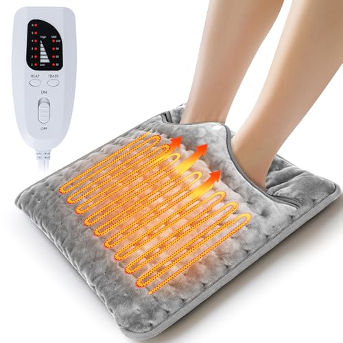Olycism Electric Foot Warmer Fast Heat for Feet 6 Temp & Auto-Off Timer. Extra Large 40x40cm Heating Pad Machine Washable. Comfy Feet Heater for Men Women Seniors Home/Office Silver Gray